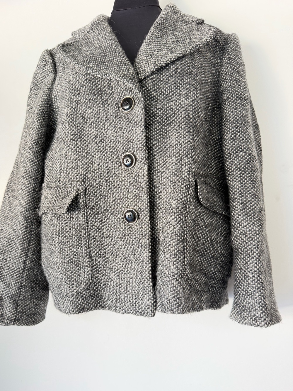 Banana Republic Gray Tweed Wool Blend Jacket Wide Lapel Back Belt Detail SZ M